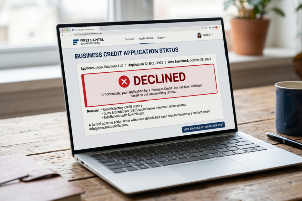 Laptop on a wooden desk displaying a business credit application status page with a red DECREASED message.