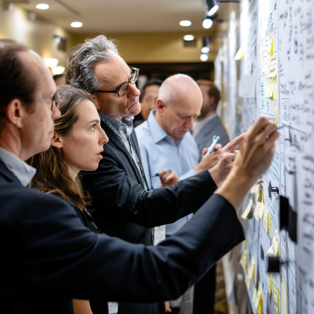 Group of professionals analyzing a whiteboard filled with notes and diagrams.