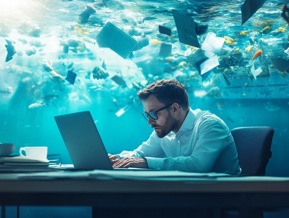 A man in glasses and a light blue shirt working on a laptop at a desk, with a large aquarium filled with fish and floating papers behind him.