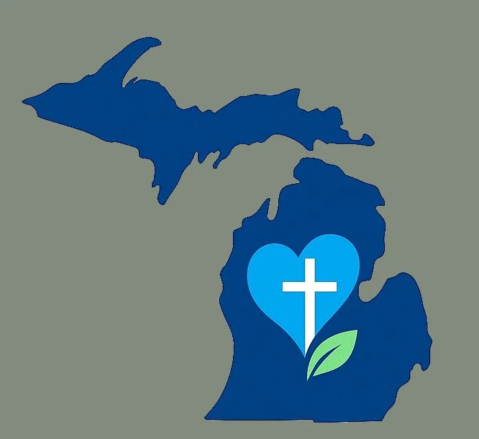 Map of Michigan with a blue heart containing a white cross and green leaves inside.