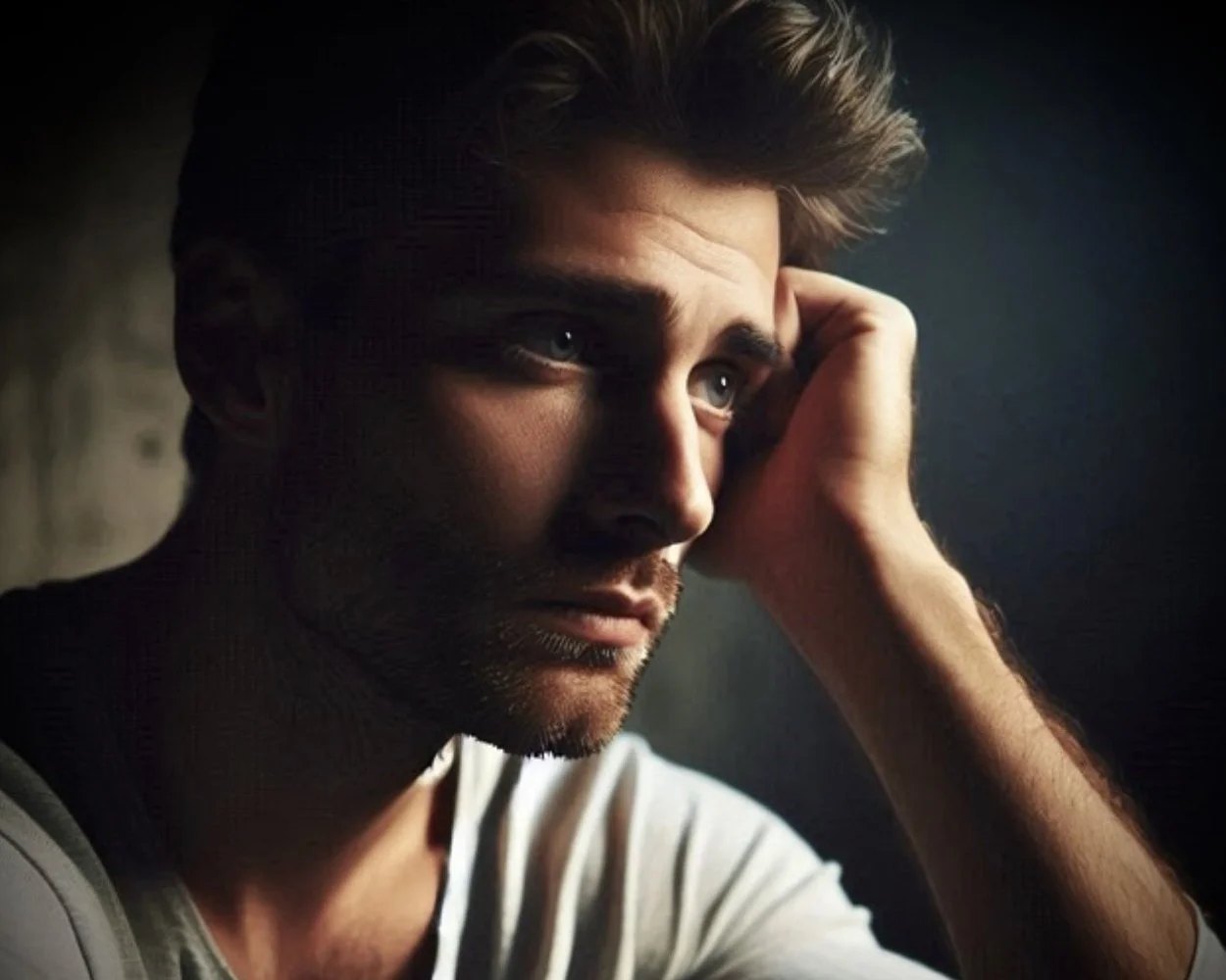 A young man with brown hair and a beard resting his head on his hand, gazing thoughtfully to the side.