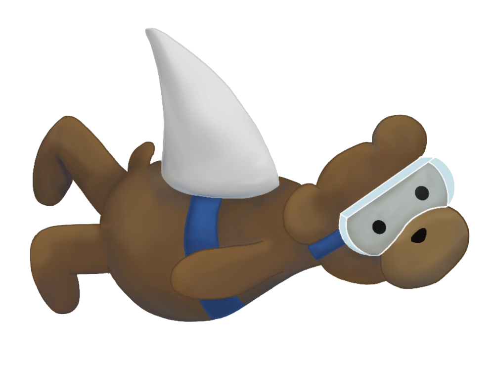 Cartoon bear lying on its back, wearing a white shark fin and a snorkeling mask.