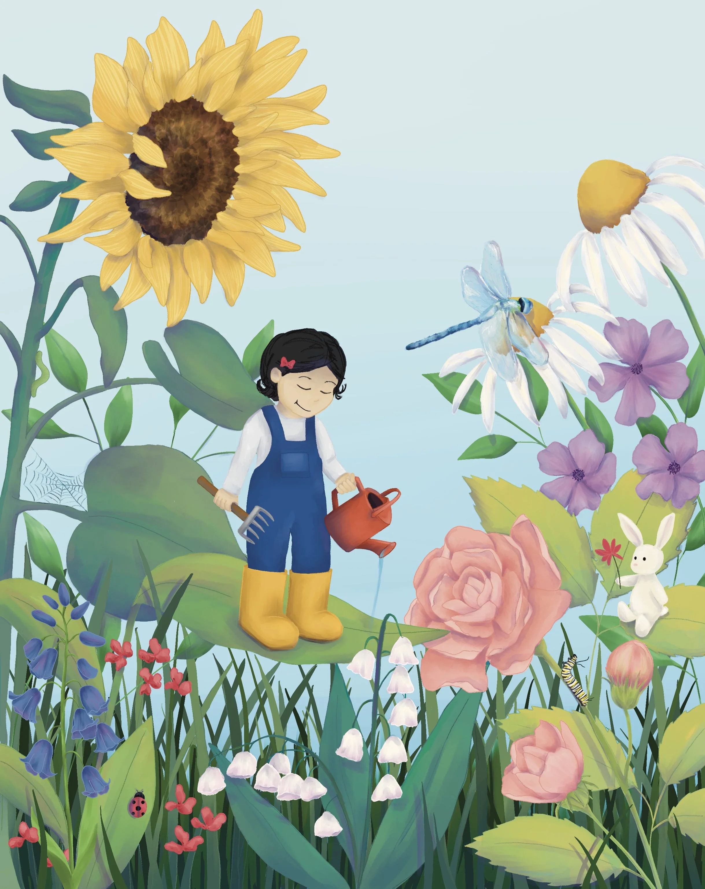 A girl with dark hair, wearing yellow rain boots, blue overalls, and a white shirt, standing on a large leaf surrounded by colorful flowers, a dragonfly, a white rabbit, a caterpillar, and a ladybug.