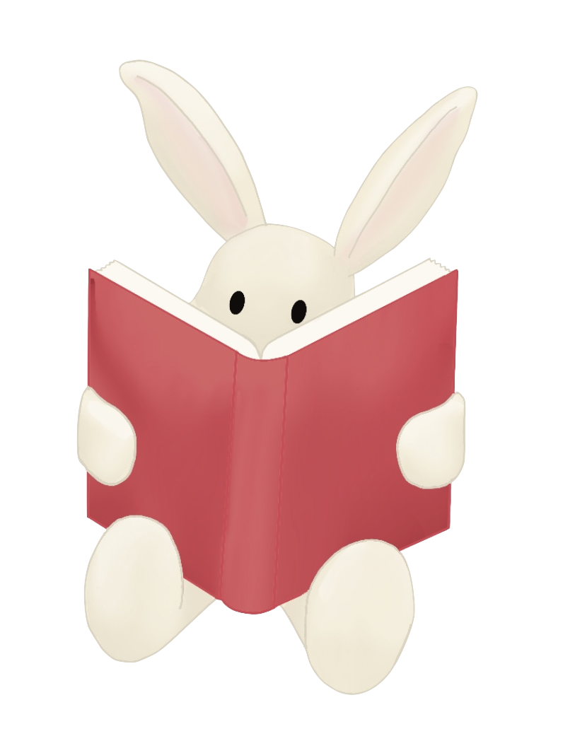Cartoon white rabbit with long ears reading a red book.