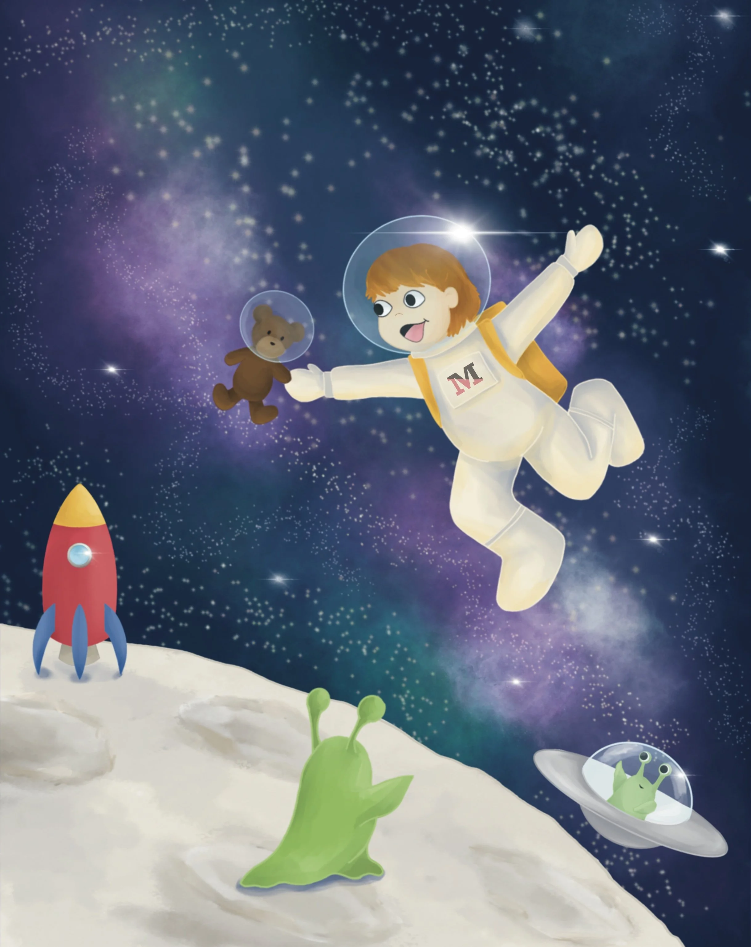 Astronaut in space with the moon, rocket ship and aliens