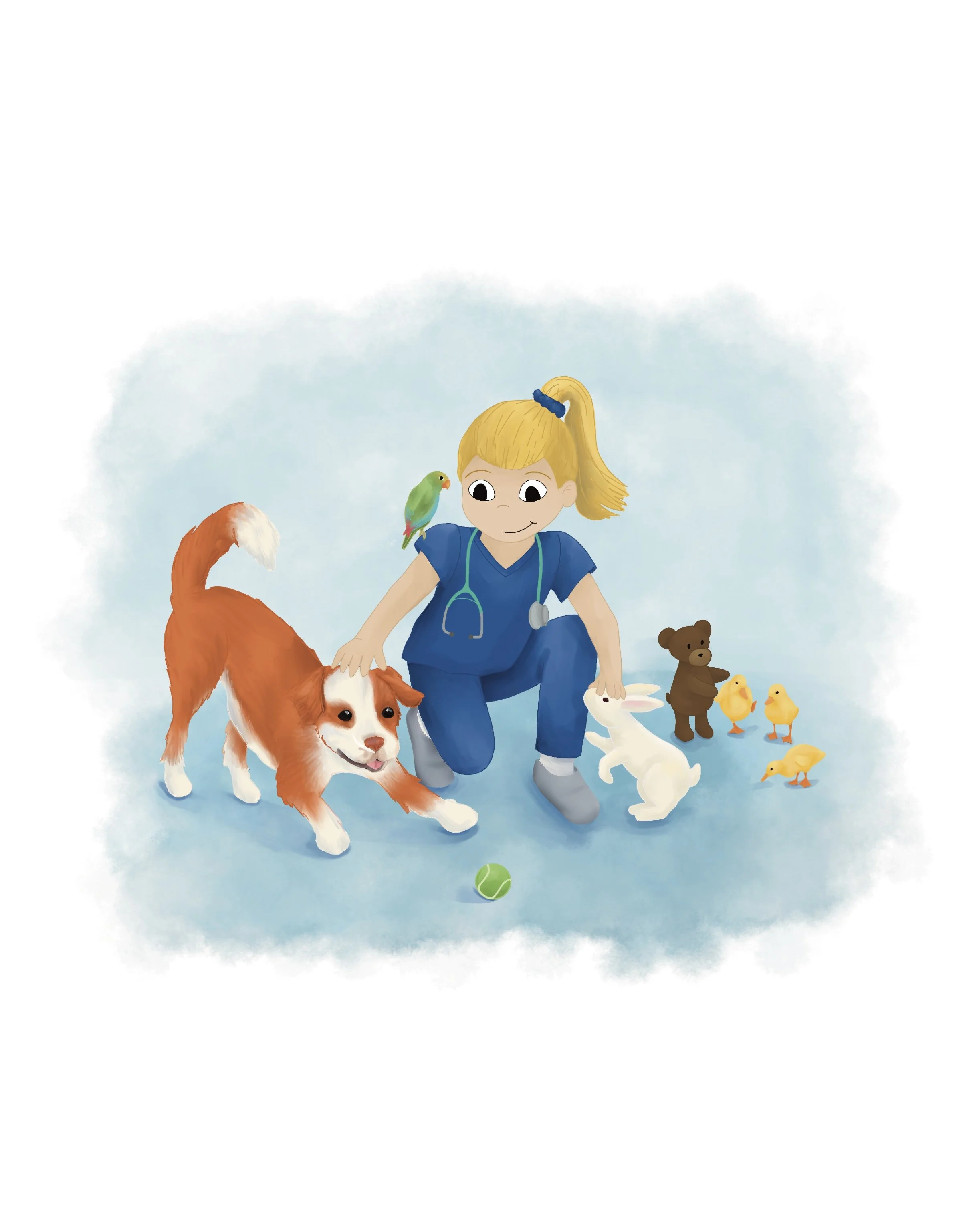 Vet looking after animals, a dog, rabbit, chicks, and bird