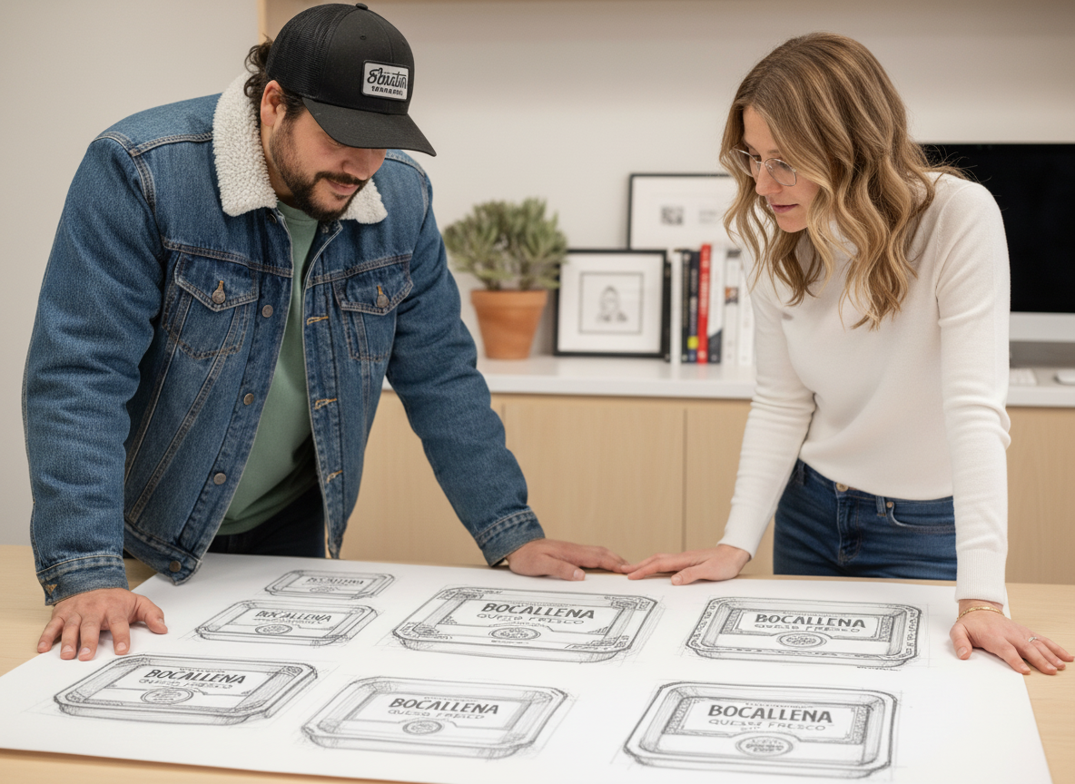 Kristine Root and Josh Jevons reviewing packaging concepts