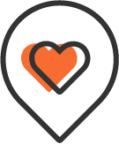 A stylized orange and black heart inside a location pin icon