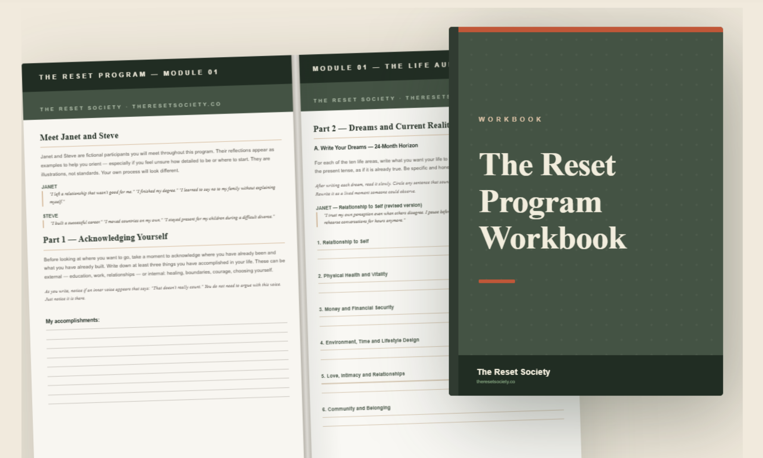 Cover of a workbook titled "The Reset Program Workbook" by The Reset Society, featuring pages from the program modules and instructions.