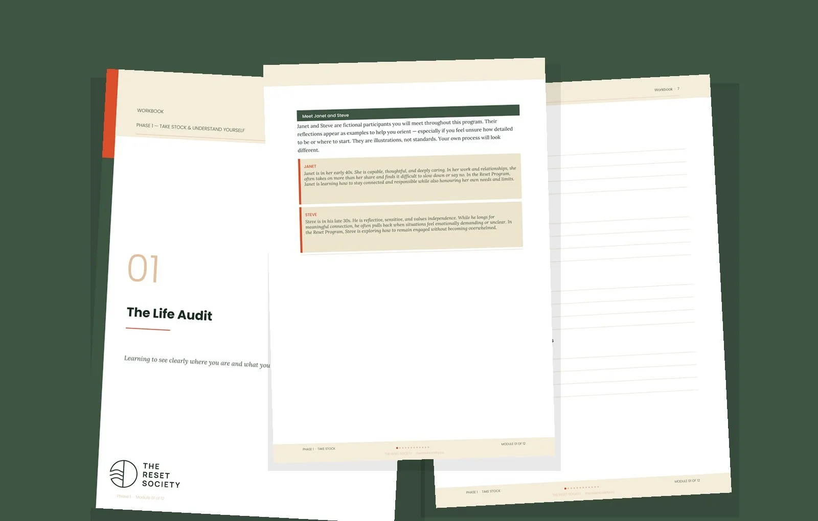 Open workbook pages with title "The Life Audit" and content from The Reset Society, shown on a green background.