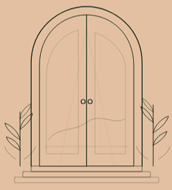 Drawing of a double door with an arched top, flanked by plants with elongated leaves on both sides, set against a beige background.