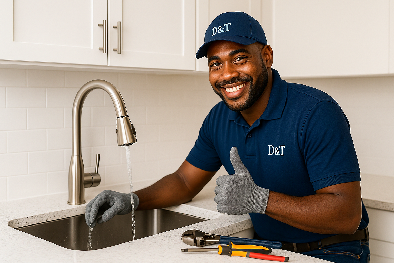 A smiling man in a blue uniform and cap labeled D&T giving a thumbs-up at a kitchen sink while repairing plumbing, with tools on the counter.
