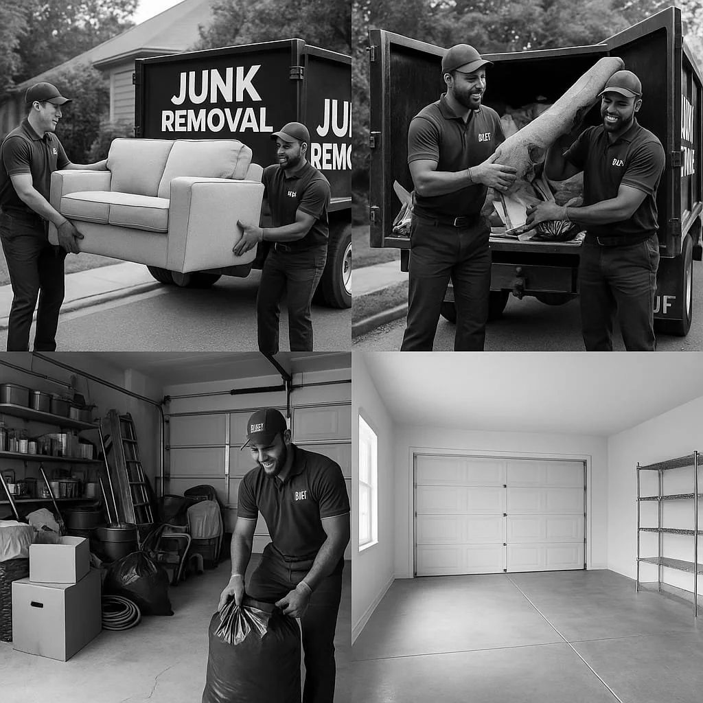 Four images depict junk removal workers. In the first, two workers load a sofa into a truck labeled "Junk Removal." The second shows two workers handling a rolled-up carpet from the truck. The third features one worker organizing a storage garage filled with tools and supplies. The fourth displays an empty garage with a closed garage door and metal shelving.