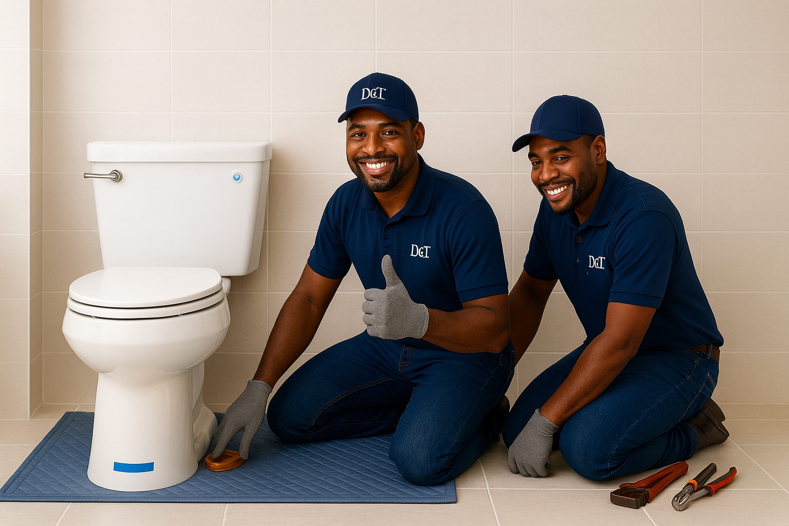 Two smiling plumbers installing a new toilet in a bathroom, kneeling on a blue mat with tools nearby, both wearing blue uniforms and caps with 'DGT' logo, and gray gloves.