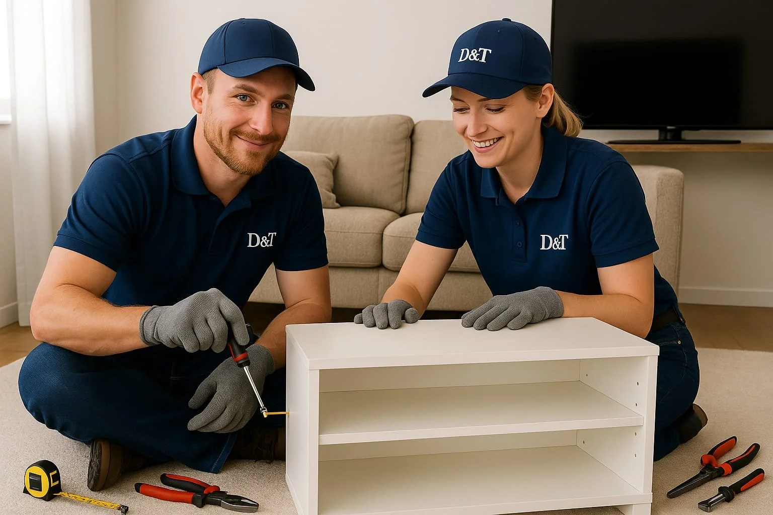 Two people assembling a white bookshelf indoors. Both are wearing blue uniforms with D&T logos, gray gloves, and caps. They are kneeling on the carpeted floor with tools around them.