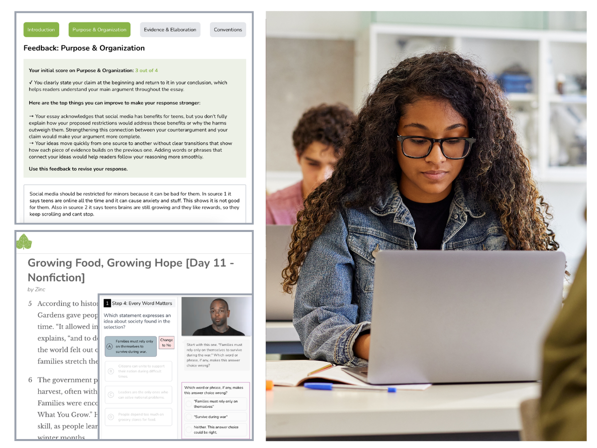 A teen student using a laptop for test prep practice. The left side shows Zinc's test prep programs to build confidence on ELA assessments.