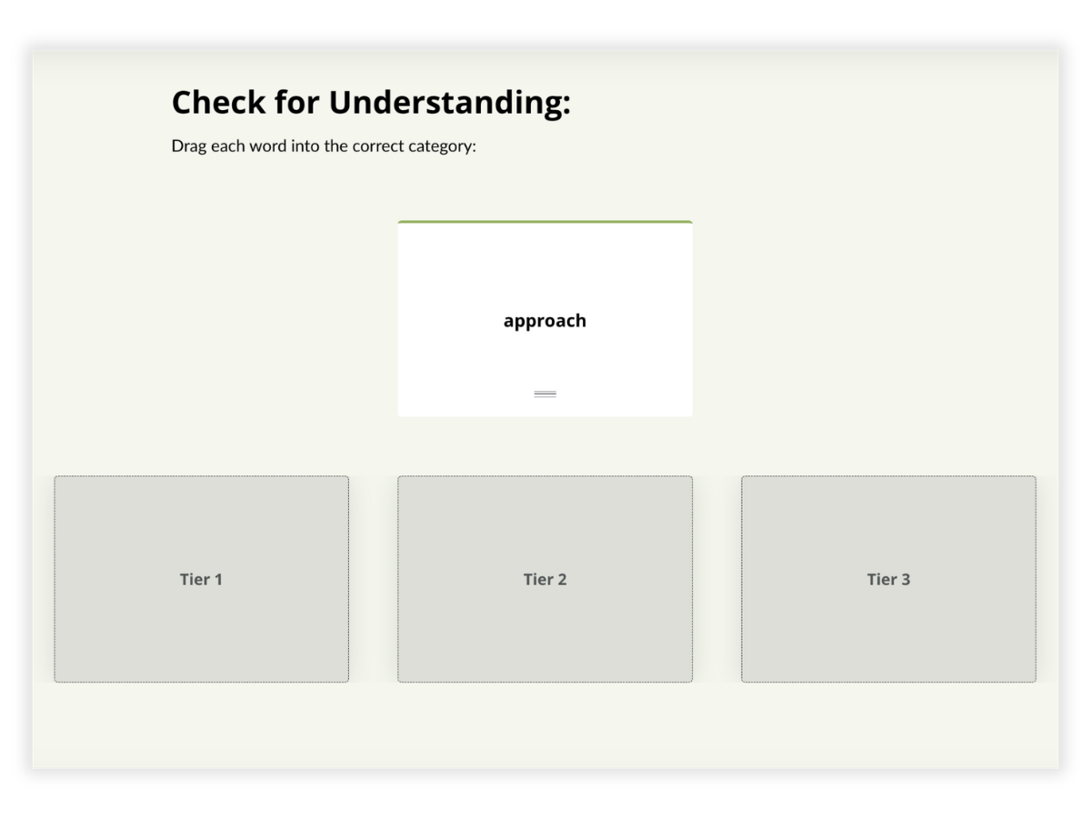 Interactive activity where teachers sort words into categories to check understanding