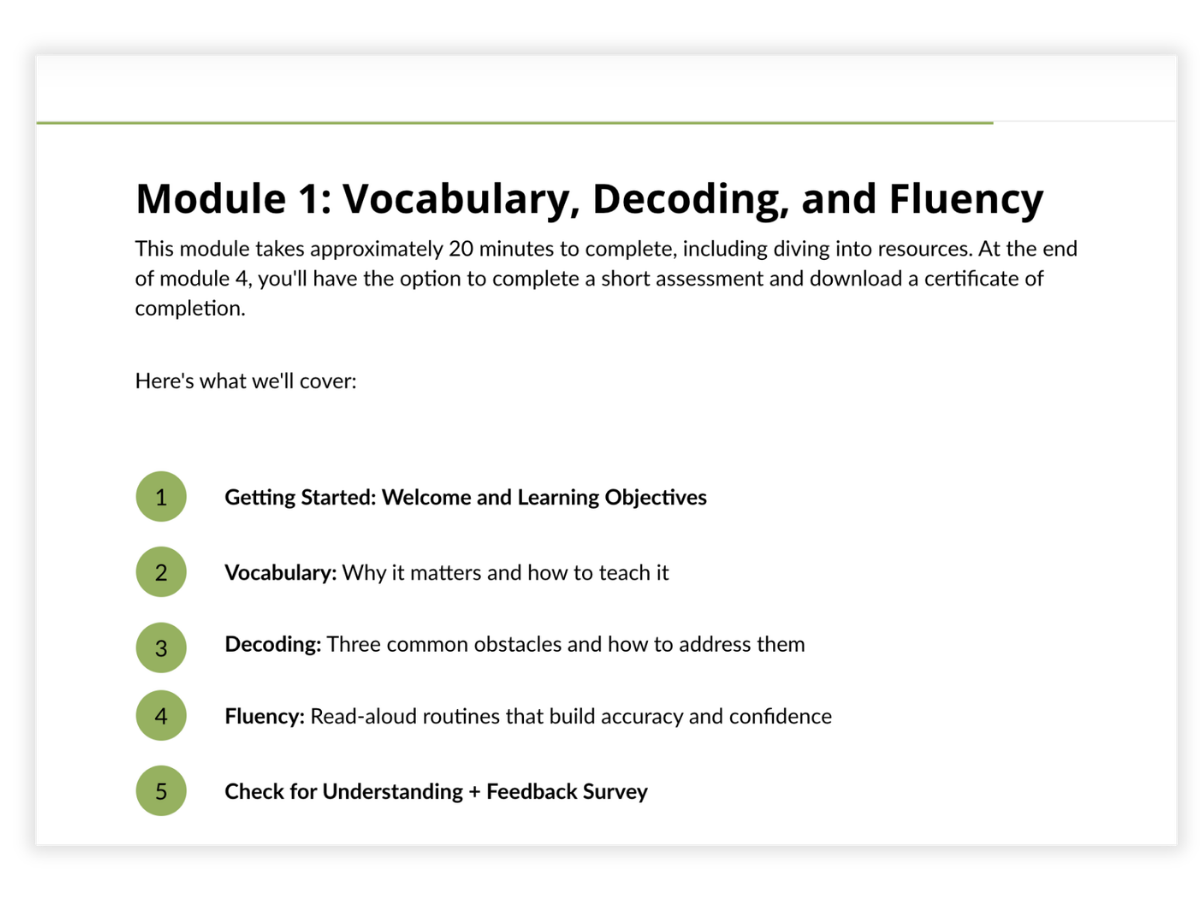 Example of a training module with numbered lessons on vocabulary, decoding, and fluency