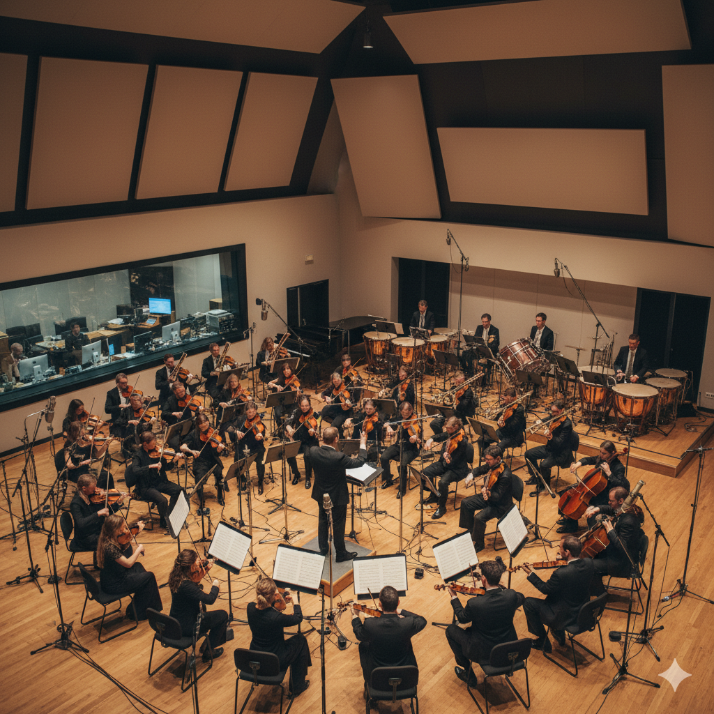 An orchestra performing in a recording studio with a conductor leading the musicians. The musicians are playing string, woodwind, brass, and percussion instruments. The studio has high ceilings with acoustic panels and a glass window into a control room with sound engineers.