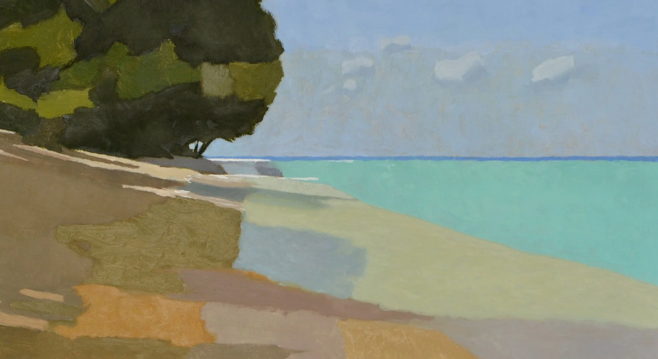 A painting of a beach scene with trees on the left, sand in the foreground, and the ocean with a clouds and blue sky in the background.