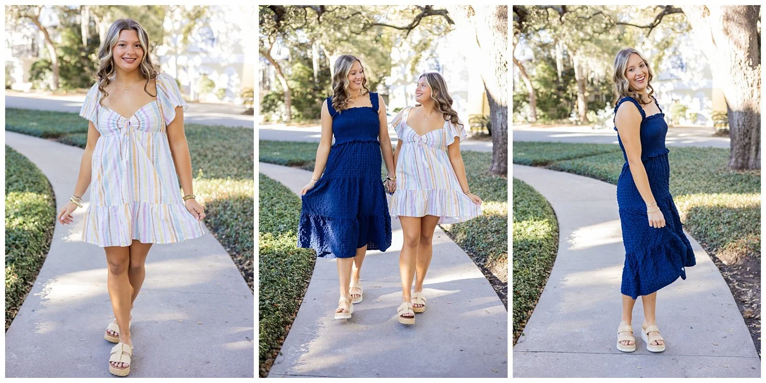 two senior girls posing for a senior session in dresses