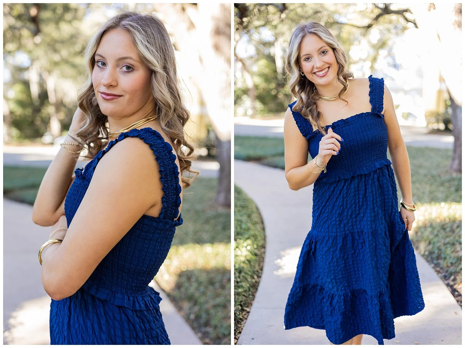 highschool senior in blue dress smiling