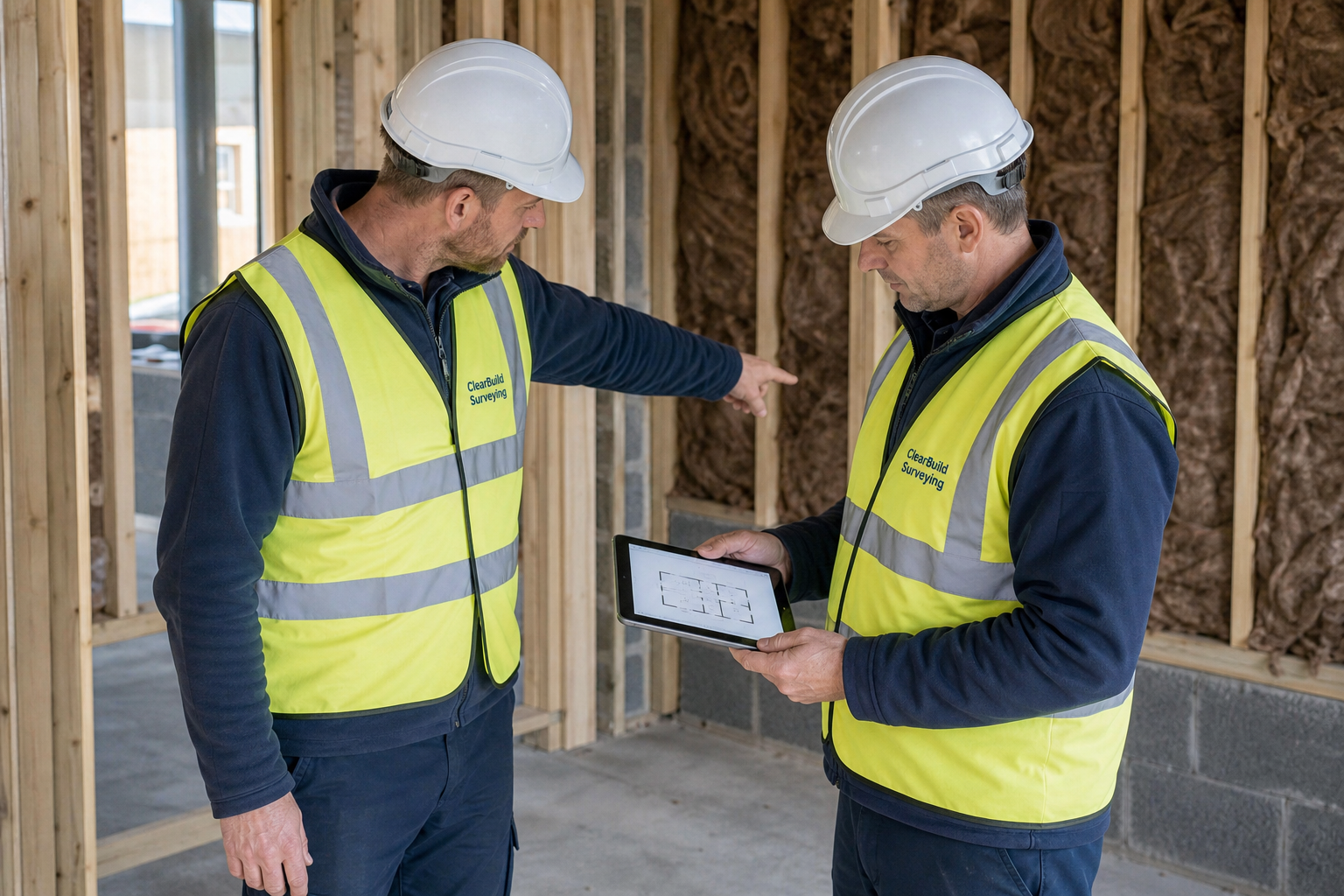 Building plans being reviewed on a timber-frame construction site