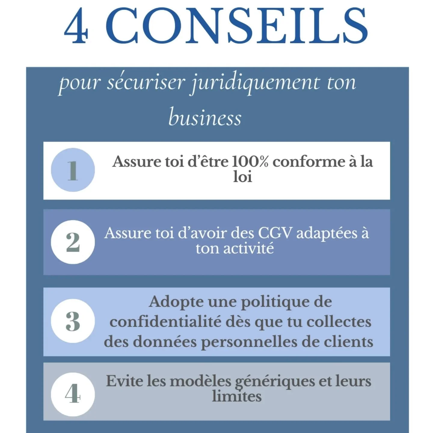 4 conseils pour s&eacute;curiser juridiquement ton business ⚠️

💡 Beaucoup d&rsquo;entrepreneurs n&eacute;gligent la partie juridique, pourtant c&rsquo;est le fondement d&rsquo;un business solide et durable. 
Voici 4 r&eacute;flexes &agrave; adopter