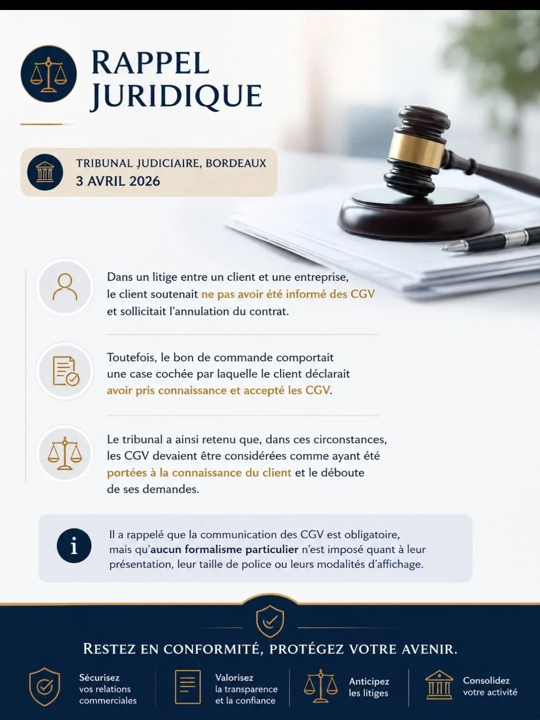⚠️ Nous ne le dirons jamais assez ! 

📑 Les CGV sont obligatoires et peuvent vous &eacute;vitez de nombreux litiges et pertes financi&egrave;res.

Exemple concret : TJ Bordeaux, 3 avril 2026.

Dans ce litige, le client soutenait ne pas avoir &eacute