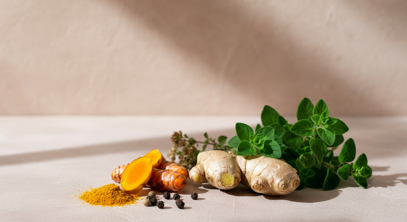 Fresh ginger root, turmeric, black peppercorns, fresh thyme, and green oregano on a light surface.