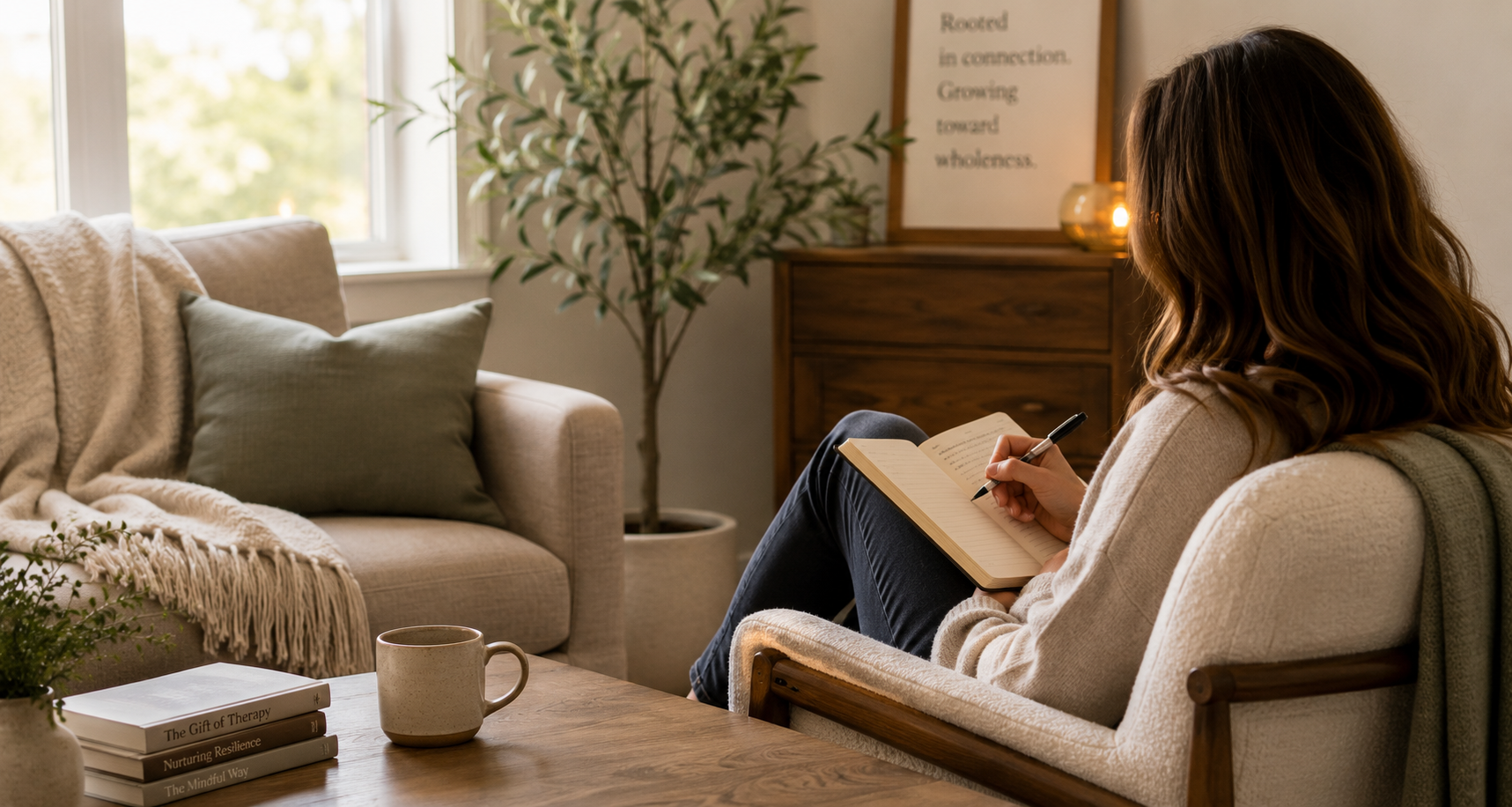 A woman with wavy brown hair sitting in a cozy living room, writing in a notebook. The room has a beige sofa with pillows, a wooden coffee table with books and a mug, a potted plant, and a wooden sideboard with a framed quote and a lamp.