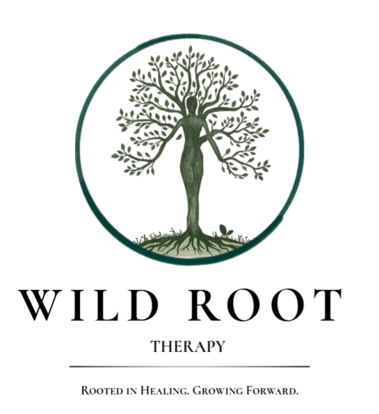 Logo for Wild Root Therapy featuring a stylized tree with human figure as the trunk, surrounded by a circle, with text "Wild Root Therapy" and the tagline "Rooted in Healing. Growing Forward."