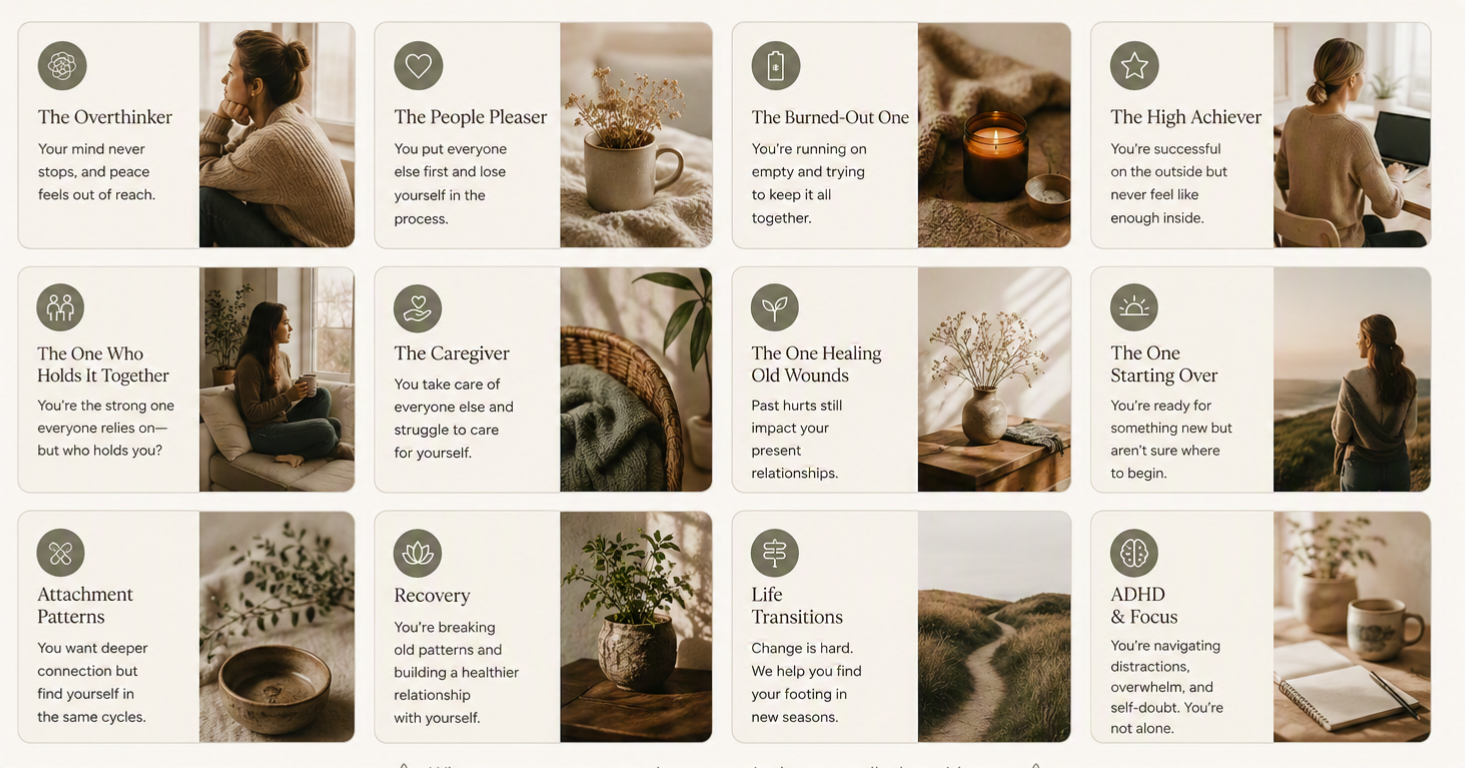A grid of 15 sections with images and motivational texts. Top row features a woman thinking, a mug with dried flowers, a lit candle, a cozy blanket, and a woman working on a laptop. Middle row includes a woman meditating, a plant, a vase with flowers, a sunset, and a woman looking at the horizon. Bottom row has a patterned bowl, a potted plant, a landscape, and a notebook with a pen.