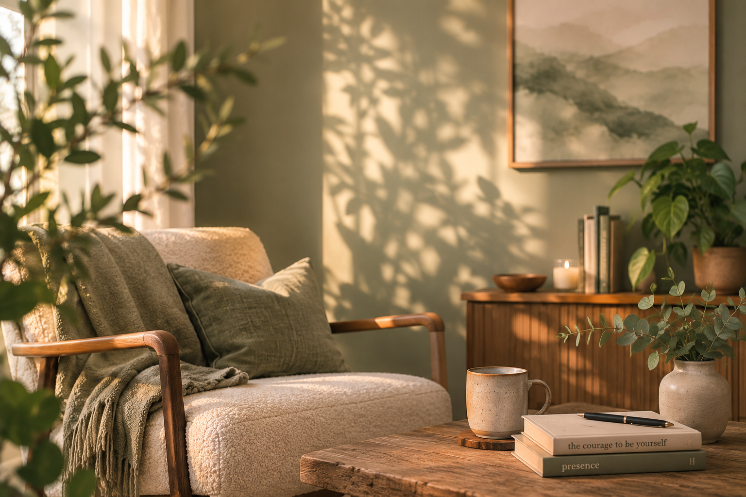 Cozy living room with sunlight casting shadows, a beige sofa with green pillows, a wooden coffee table with a mug, books, and a pen, and a wooden sideboard with plants, books, a candle, and a painting on the wall.