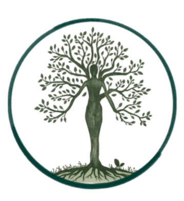 A stylized tree with a woman's body as the trunk, branches extending like arms and hair, and roots beneath, inside a circular border.