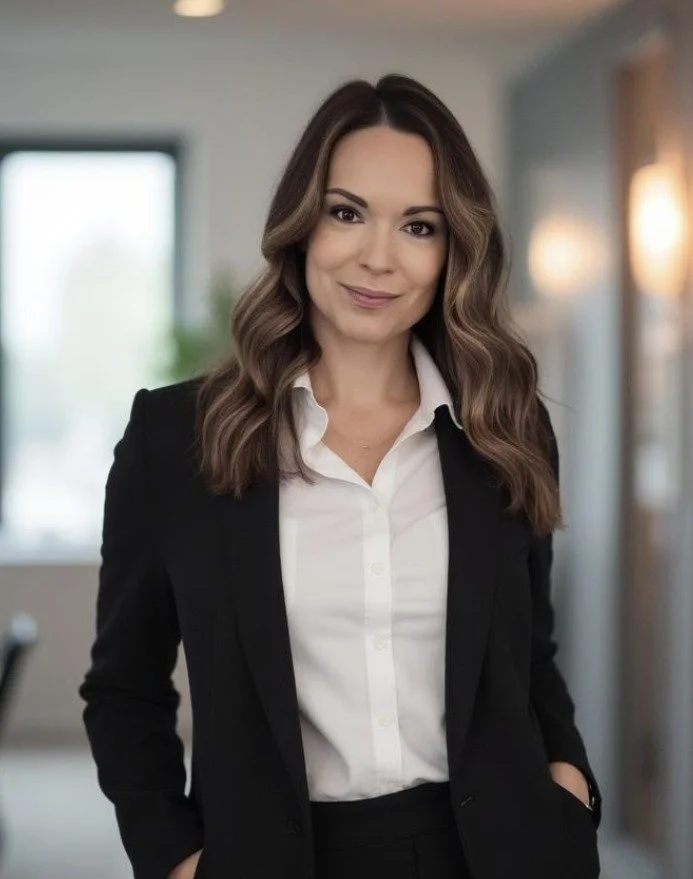 A woman with long, wavy brown hair wearing a white shirt and black blazer in an indoor setting with blurred background.