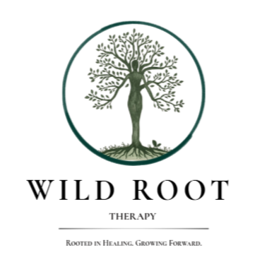 Logo with a tree forming a woman, surrounded by a circle, featuring the text 'Wild Root Therapy' and the tagline 'Rooted in healing. Growing forward.'
