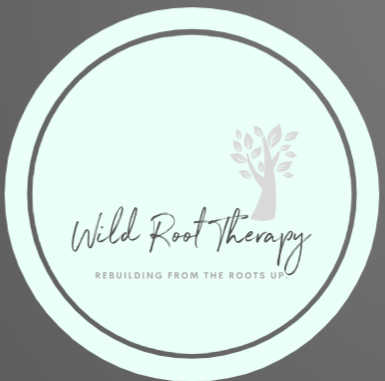 Logo for Wild Root Therapy with a tree illustration and the tagline 'Rebuilding from the roots up'.