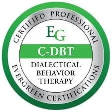 Seal for dialectical behavior therapy certification, features green and black text on a white background, includes the words 'Certified Professional', 'EG', 'C-DBT', 'Dialectical Behavior Therapy', and 'Evergreen Certifications'.