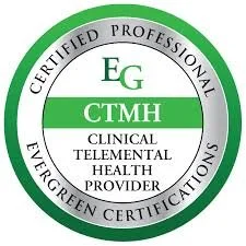 Seal with green border and white background, displaying certification text including 'Certified Professional', 'Eg CTMH', 'Clinical Telemental Health Provider', and 'Evergreen Certifications'.