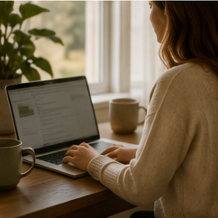 Woman working on laptop at a wooden desk near a window with two coffee mugs and a potted plant