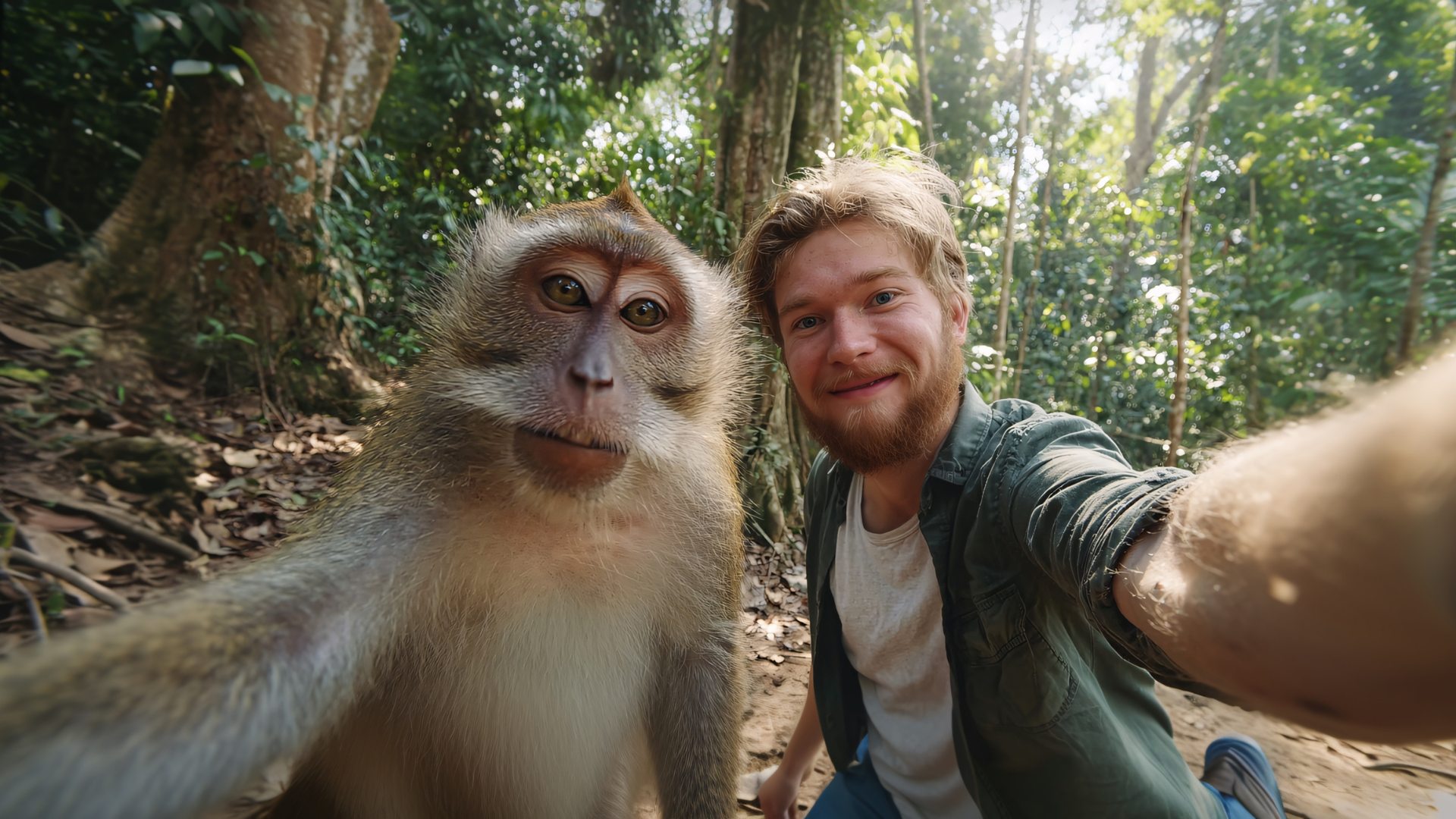 A young man takes a selfie with a monkey in a forest, both looking at the camera with the man smiling.