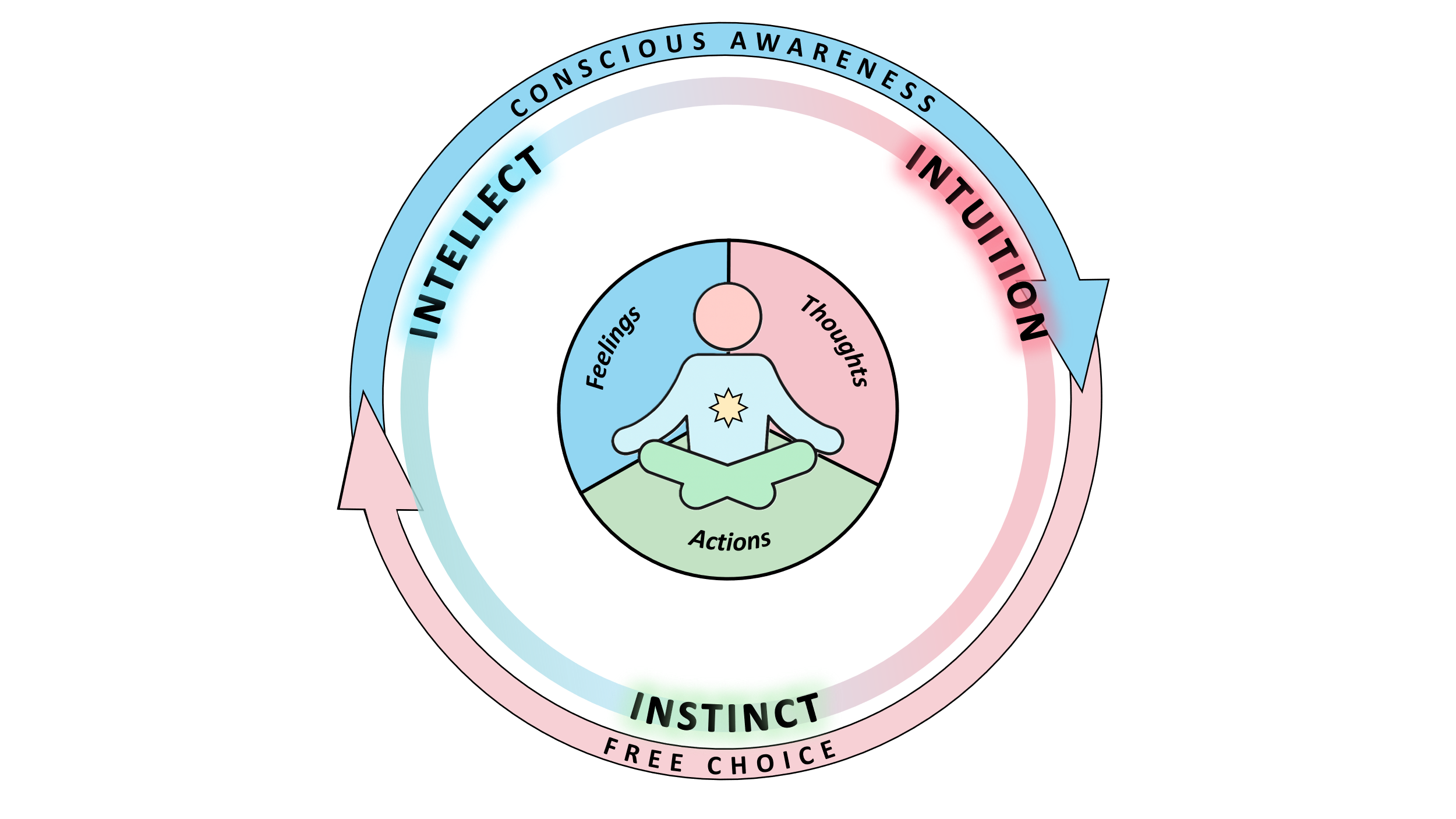 Diagram of the conscious and subconscious mind illustrating the cycles of feelings, thoughts, and actions, emphasizing intuition, intelligence, and free will.