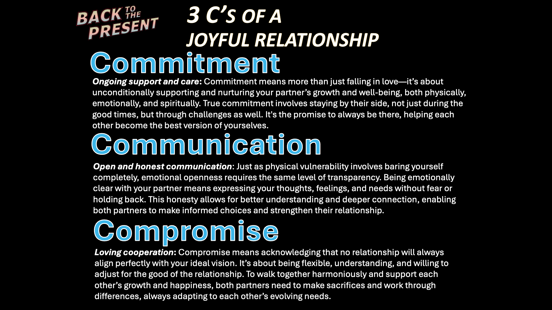Text titled '3 C's of a Joyful Relationship' with the headings 'Commitment,' 'Communication,' and 'Compromise,' each followed by a paragraph explaining their meanings.