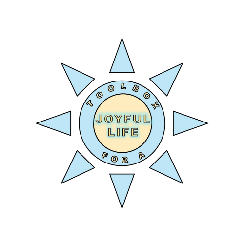 Design with a black starburst shape, light blue and beige circle in the center, and the words "Joyful Life" inside the circle. The outer ring has the text "Toolbox for" on top and "for" on the bottom.