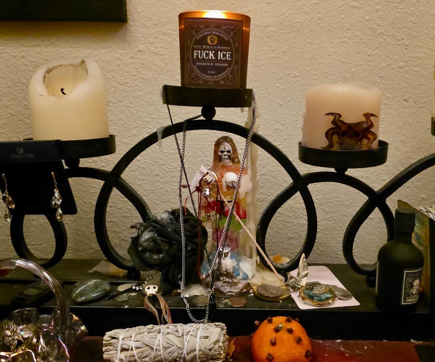 Our customers are so cool. 😎 

Such a powerful example of a F*ck Ice Altar in #divinefeminine action. Thank you. 

More of this energy, please. 

🌹💀🔥

#honeywolfmercantile #altarcandles #noonisillegalonstolenland #santamuerte