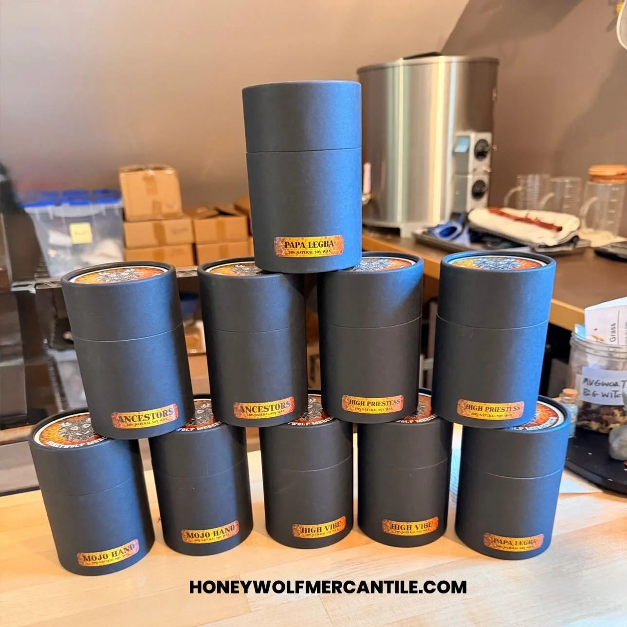 My amazing husband is keeping our Honeywolf Mercantile train on the tracks while I&rsquo;m out of town. He&rsquo;s prepping this big order for shipping &amp; made this cool pyramid for our socials. ✨ 

Thank you for shopping small with us!! Every ord