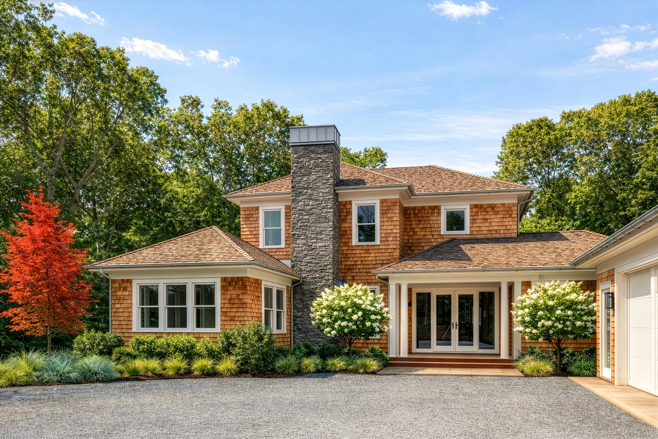 A two-story house with a shingle exterior, stone chimney, and a gravel driveway. The house has several windows, a front porch with stairs, and landscaped bushes and trees in front