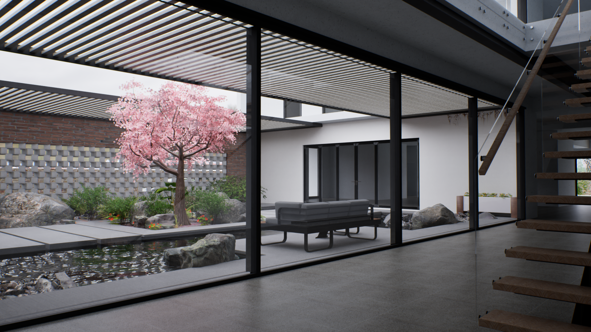 Modern interior with large glass windows overlooking a Japanese-style garden with pink cherry blossom tree, rocks, and water feature; staircase on the right.