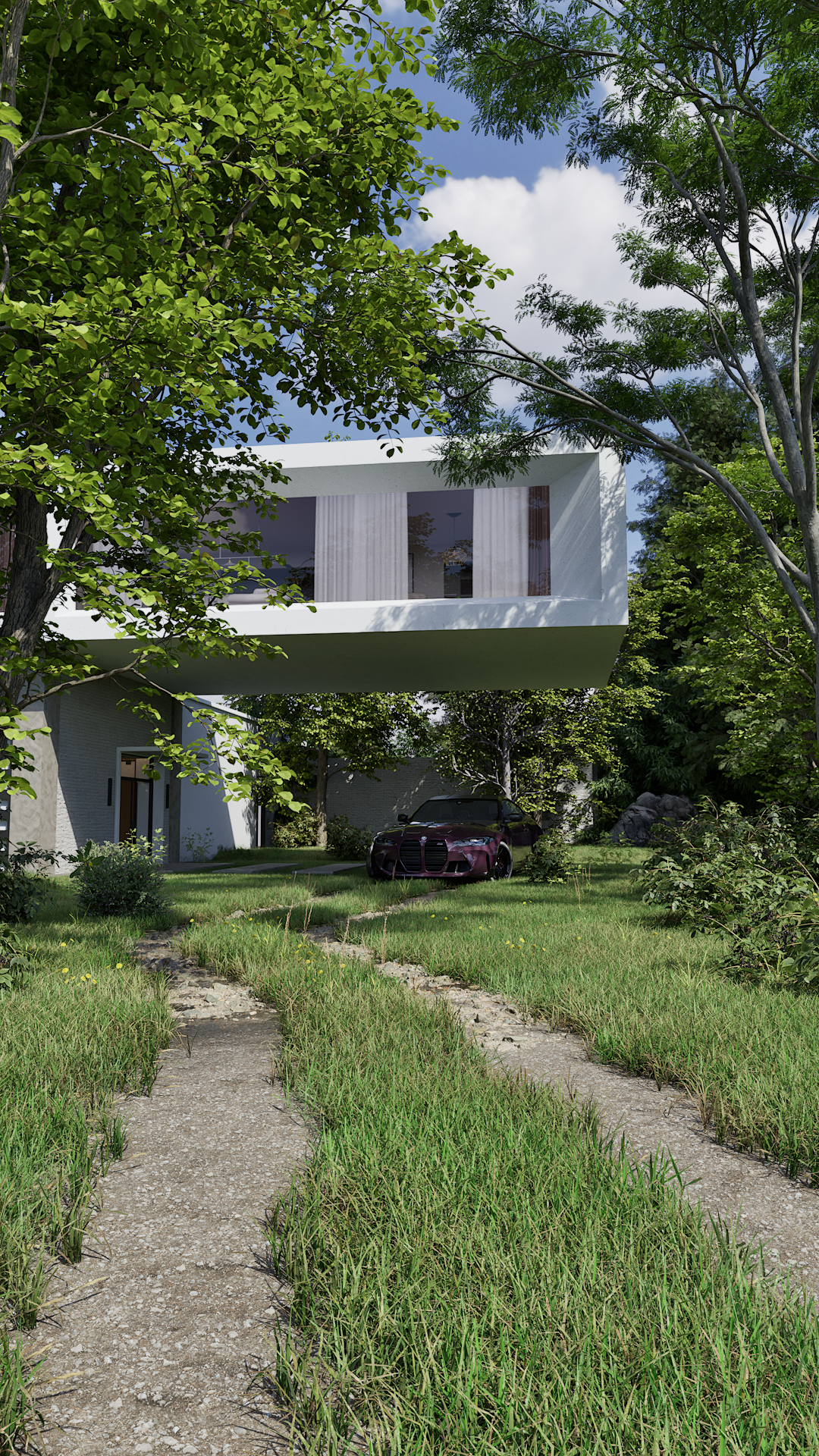 A modern house with a raised white upper floor, large windows, and a driveway with a driveway with a car parked on well-maintained grass surrounded by trees and greenery.